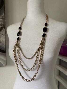 Gold Multi-Chain Necklace with Black Stone Accents